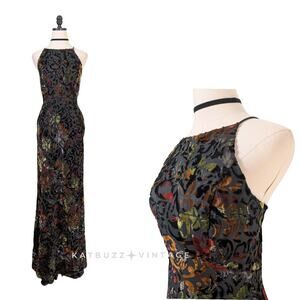 Vintage Velvet Burnout Maxi Dress Prom Gown 10 Black Y2K 90s Goth Grunge Floral
